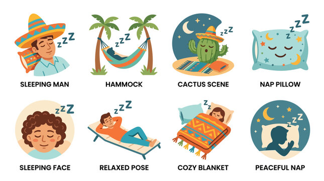 Vector Set Illustrates Relaxation with Sleeping Man, Hammock, Cactus Scene, Nap Pillow, and Cozy Blanket in Various Peaceful Scenes