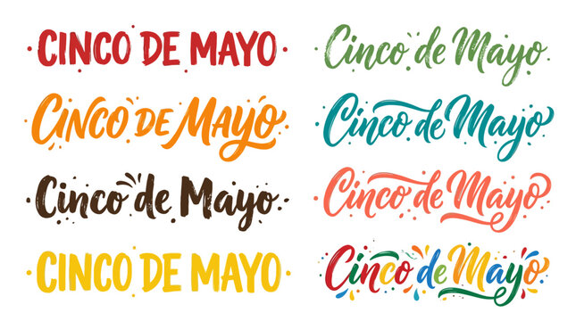 A colorful Vector Set of Cinco de Mayo festival text banners in multiple languages and vibrant colors on a white background for celebrations and party decorations.