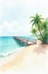 Fototapeta premium Watercolor illustration of tropical sandy beach with long wooden pier extending into blue sea water. Green palm trees grow on shore near ocean waves. Bright summer landscape background for creative