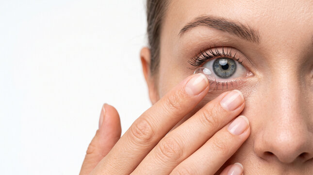 Woman puts on contact lenses for vision in her eyes on white background beautician advertisement concept