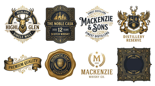Vector Set of Premium Whiskey Labels with Gold Emblems and Logos on Black Backgrounds for Luxury Brands and Distilleries