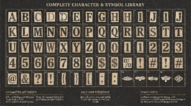 Vintage typography grid featuring alphabet letters numbers and decorative ornaments on a textured dark background for design with character
