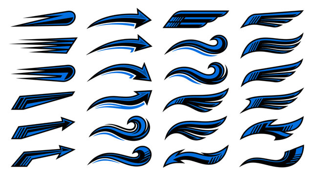 Collection of blue and black racing decals with dynamic swooshes and arrow shapes on white background, representing automotive vinyl wrap designs, symbolizing speed and sports branding identity
