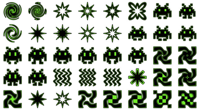 Collection of retro green and black digital vector shapes including pixel aliens stars and geometric swirls on white background, representing y2k aesthetic design and providing visual elements