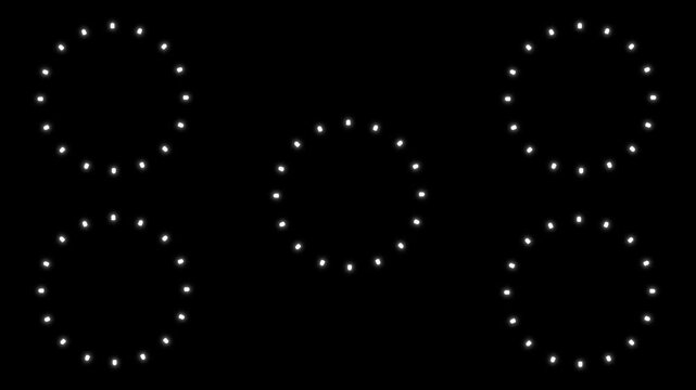 Futuristic multiple white neon circle progress indicators with smooth rhythmic blinking animation on black background for tech overlays and data streaming visual design
