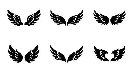 Fototapeta premium Black Angel Wings Vector Icons Set, Stylized Feathered Wing Graphics, Heraldic Symbols, Decorative Elements