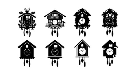Fototapeta premium Black Silhouette Cuckoo Clocks Collection, Vintage Timepiece Icons, Decorative Pendulum Wall Clocks