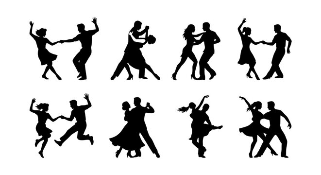 Diverse Couple Dance Silhouettes, Ballroom & Social Dancing Figures, Elegant Movement Vector Set