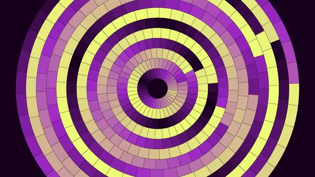 4K motion graphic featuring a series of concentric circles composed of individual square mosaic tiles in a vibrant purple and yellow color palette.