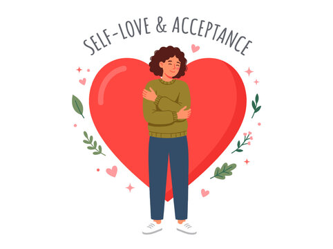 vector Person embracing themselves with eyes closed in front of a large red heart symbolizing self love and acceptance Isolated on transparent background
