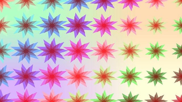 4K motion graphic displaying a uniform grid of multi-colored, star-like floral shapes that rotate and pulse over a soft, blended rainbow gradient background.