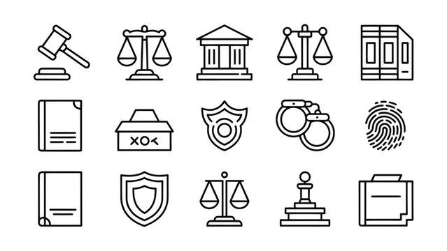 Black and white line of law and justice symbols line black and white gavel scales des