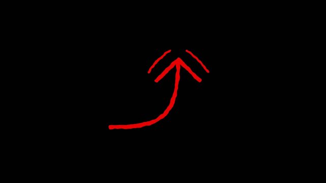 Red sketch arrow pointing up transparent alpha overlay, hand drawn doodle marker boiling loop