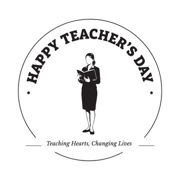 Teacher silhouette within a circular typographic design black and white