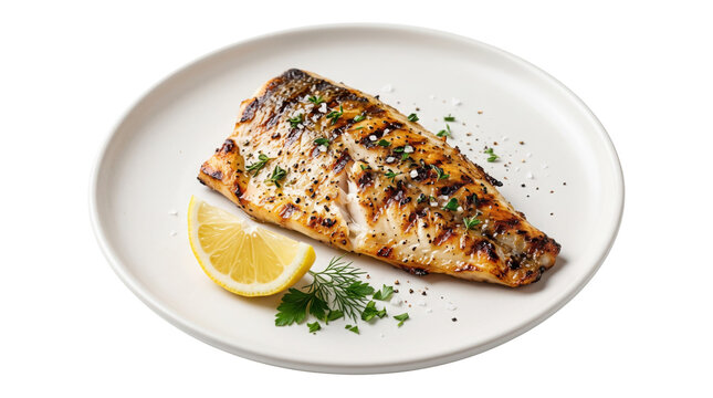 Grilled fish fillet with lemon and herbs on white plate, roasted sea bass steak with grill marks, healthy seafood dinner isolated on white background