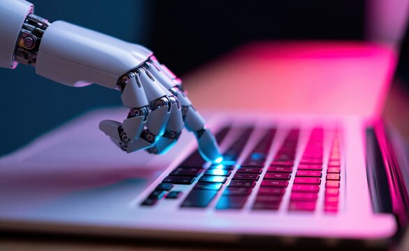 Robot hand typing on a laptop keyboard as a robotic ai technology concept image