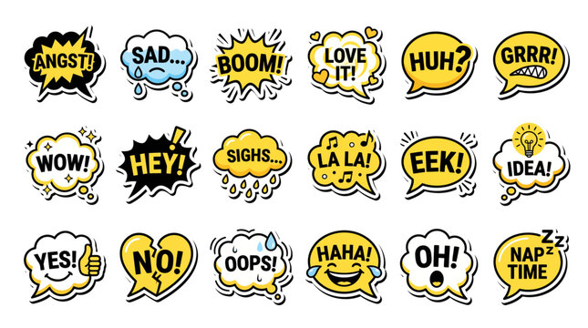 Set of colorful comic speech bubbles and expressive sticker icons with emotional text on white background, representing digital communication assets or social media engagement graphics