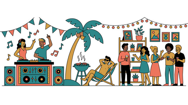 Diverse people enjoying vibrant outdoor summer beach party with DJs playing music and barbecue under palm trees, illustrating social networking and symbolizing festive community celebration