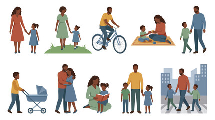 Fototapeta premium Diverse Black family members engaging in various daily activities like walking, cycling, reading and playing together, representing healthy lifestyle and provides parenting content