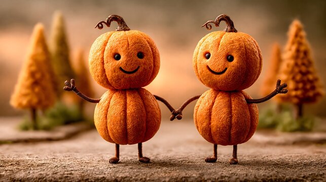 Handmade Clay Pumpkin Characters on Miniature Diorama Street