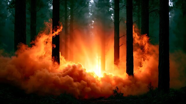 Orange Smoke Billowing Between Dark Pine Trees in Forest