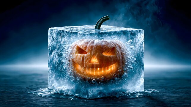 Carved Jack O Lantern Frozen Inside Clear Ice Block