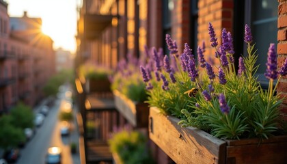 Fototapeta na wymiar Honey bee pollinates purple lavender flowers in wooden planter box on urban apartment fire escape. Warm sunset sunlight glows over city brick building exterior during summer evening. Small garden