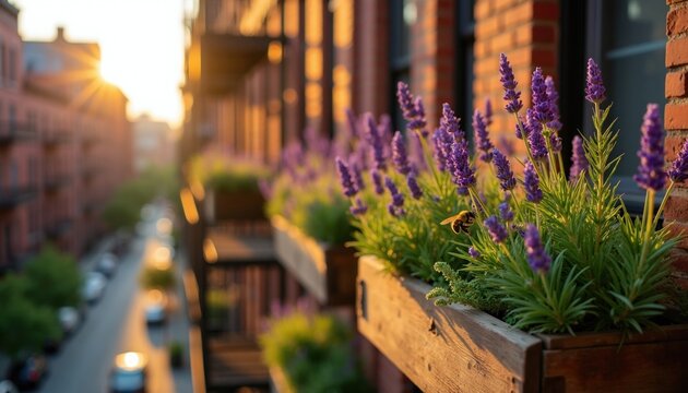 Honey bee pollinates purple lavender flowers in wooden planter box on urban apartment fire escape. Warm sunset sunlight glows over city brick building exterior during summer evening. Small garden
