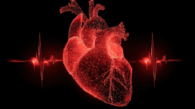 human heart shape with red cardio pulse line. Creative stylized red heart cardiogram with human heart on black background. Health, cardiology, cardiovascular diseases
