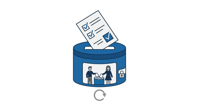Voting box with ballot paper and people inside