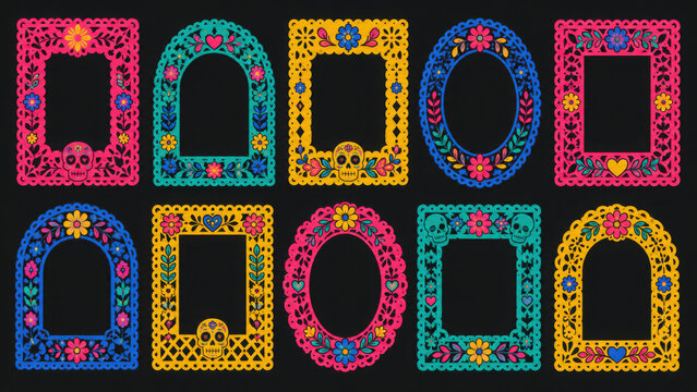 Mexican frames with vibrant floral pattern, latino folk motifs, vector posters, ethnic background. Colorful flower border design for Day of the Dead party cards, festive invites with skull, candles
