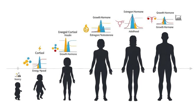 Illustration of human growth stages from infancy to adulthood with height progression.