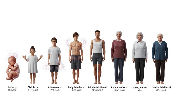 Human growth stages from infancy to senior adulthood illustrated in sequence.