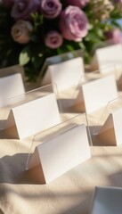 Fototapeta premium Clear acrylic place cards stand on fabric table cloth for wedding banquet dinner. Modern blank guest name signs arranged neatly near pink floral bouquet decor. Elegant seating cards provide minimal