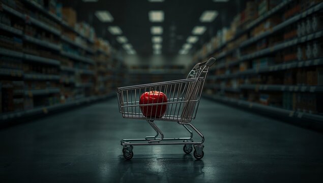 A single red apple sits alone in a large empty shopping cart