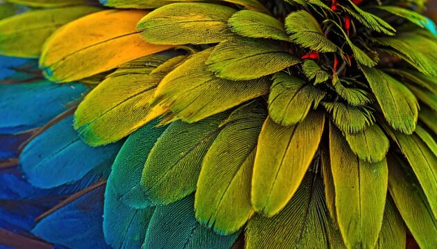 Vibrant Green and Blue Bird Feathers Layered in Close Up Detail
