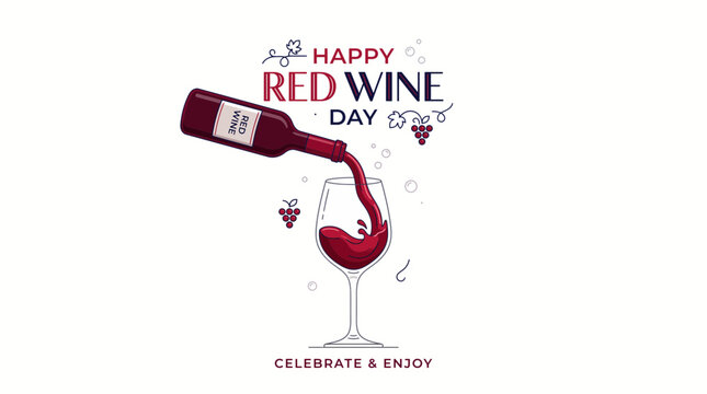 A graphic illustration celebrating Happy Red Wine Day with a bottle pouring red wine into a glass, featuring decorative elements and text 'CELEBRATE & ENJOY'.