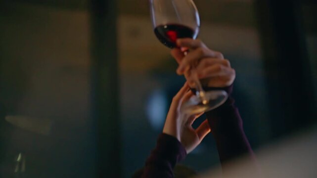 Happy woman raising red wine glass in evening apartment, close up lady relaxing