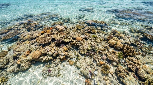 Shallow clear sea water over coral reef formation