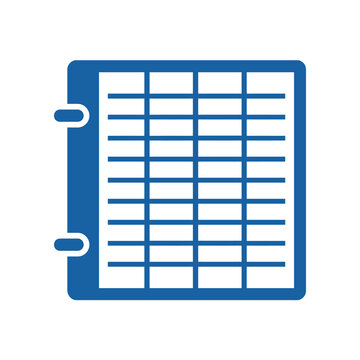 Blue spreadsheet icon with binder rings, representing data organization and financial planning