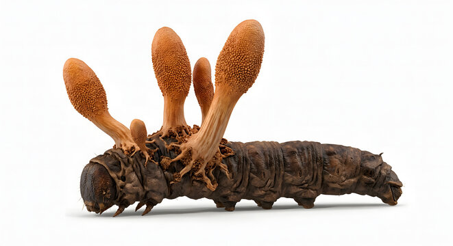 Realistic Scientific 3D Render of Parasitic Cordyceps Fungus Growing on a Caterpillar Isolated on White Background