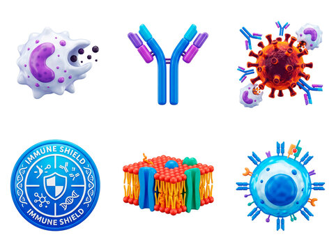 Immunology concepts including antibody, virus, immune cell, cell membrane and DNA shield PNG Isolated on transparent background