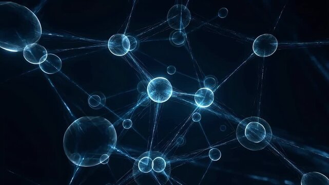 Abstract network of glowing blue spheres connected in digital space.