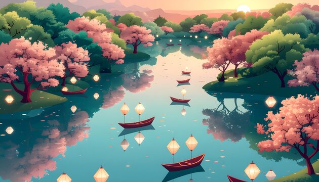Bird's-Eye Flat Vector Illustration of a Serene Festival Lake at Sunset with Floating Lanterns, Boats and Cherry Blossoms
