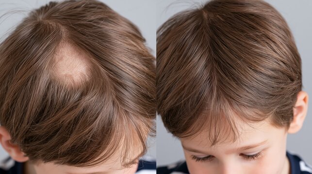 Split frame showing a bald patch on a child's scalp versus regrown hair. Concept of pediatric alopecia treatment.