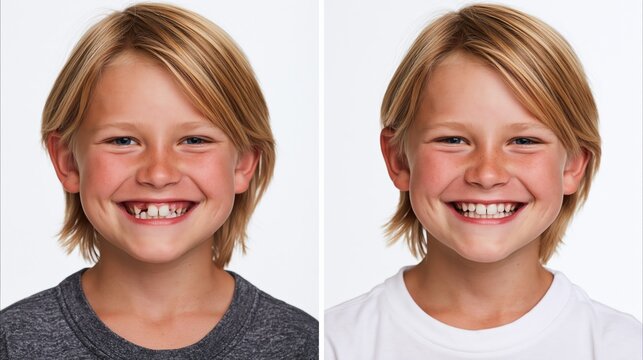 Split frame showing protruding upper teeth in a child versus an aligned bite. Concept of pediatric orthodontic correction.