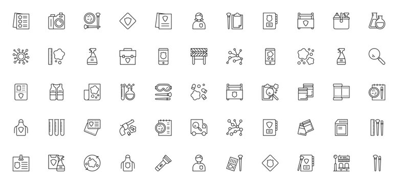 Forensic icon pack. Minimal thin line web icons set. Vector illustration. Crime scene icon set. Featuring evidence, police, detective, magnifying glass, fingerprint and more.