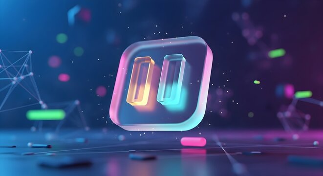 A futuristic digital interface featuring a glowing app icon with two stacked rectangular modules and abstract data visualization in a cyberpunk-inspired setting.