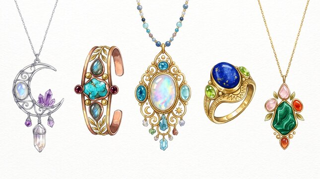 Watercolor antique locket necklace set with floral engravings. Vintage-style heart and oval lockets with roses, daisies, and lavender for romantic jewelry design. antique locket, locket necklace, vint