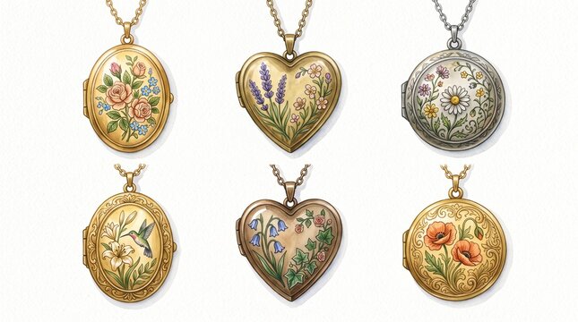 Watercolor antique locket necklace set with floral engravings. Vintage-style heart and oval lockets with roses, daisies, and lavender for romantic jewelry design. antique locket, locket necklace, vint
